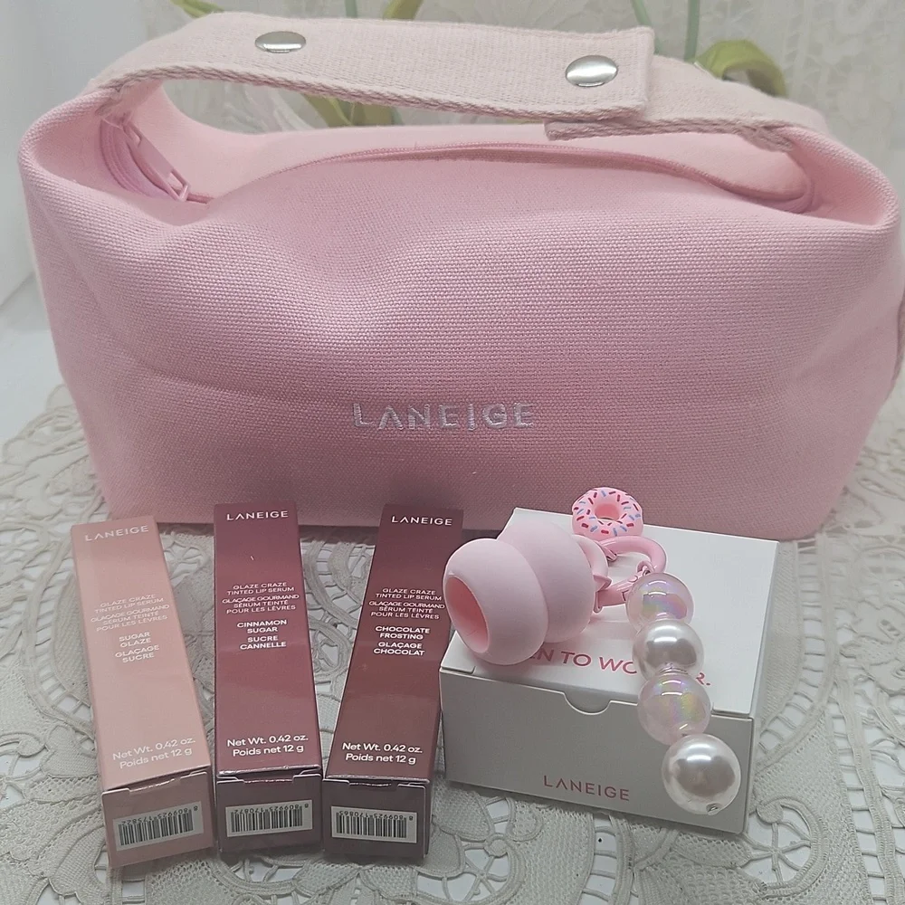 LANEIGE Glaze Craze Tinted Lip Serum X3 With Lip Keychain Cap In Pink Makeup Bag